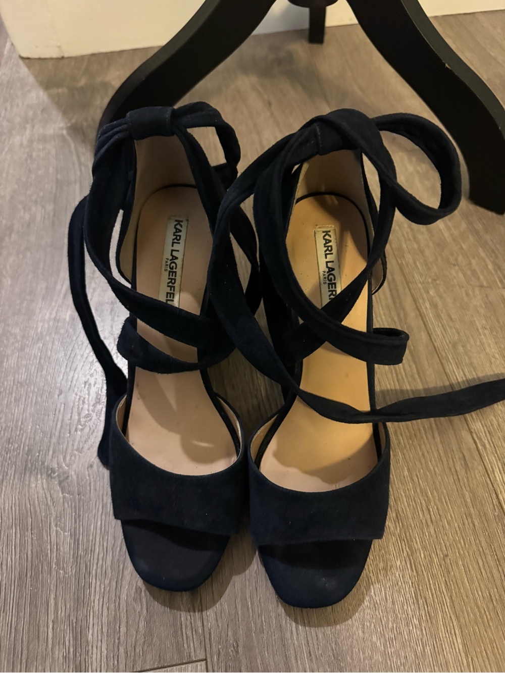 Karl Lagerfeld Navy Suede Wrap-Around Block Heel Sandals